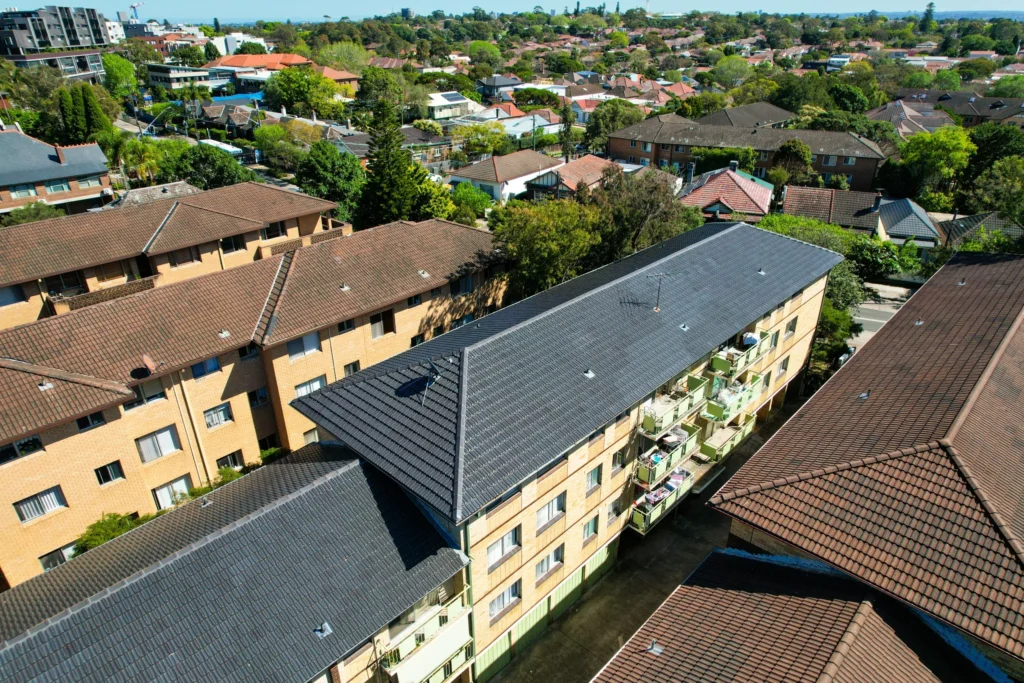 Drone view of new roof installation by TomKat Roofing Sydney