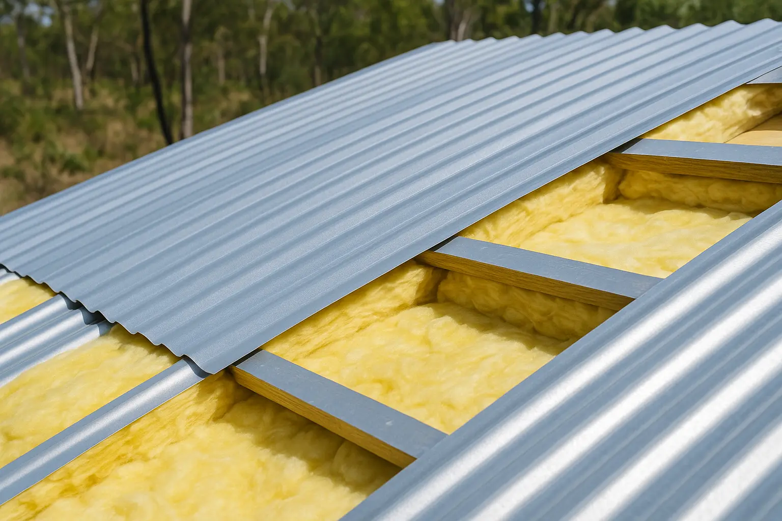 Close-up of bubble insulation fitted between battens under metal roofing sheets.