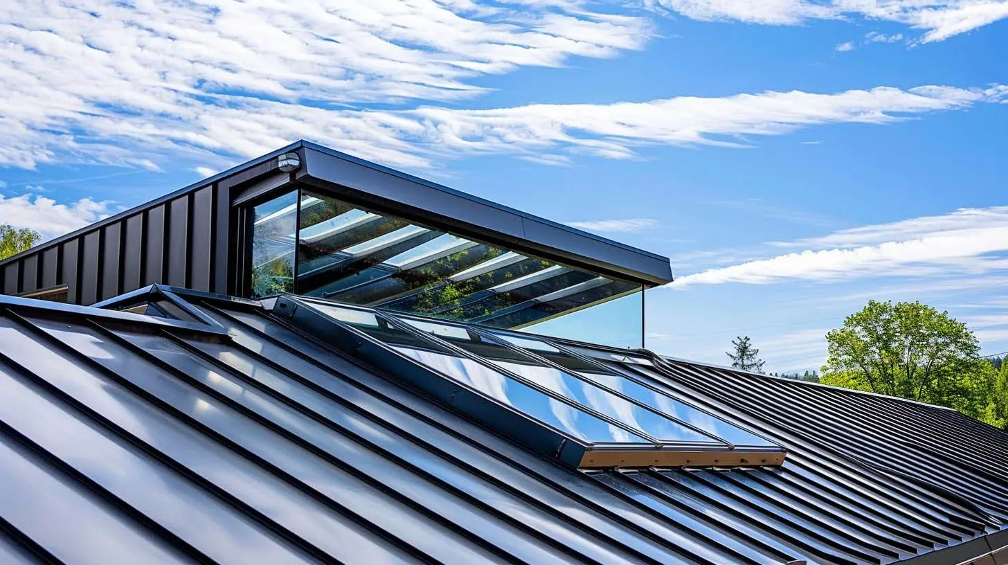 Modern dark metal roof with professionally installed skylight and weatherproof flashing